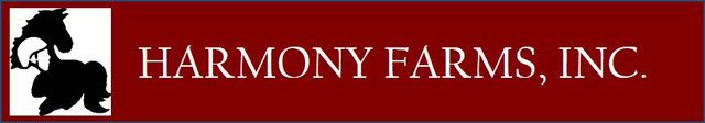 Logo for Harmony Farms, Inc. featuring a black horse silhouette on a red banner with white text.