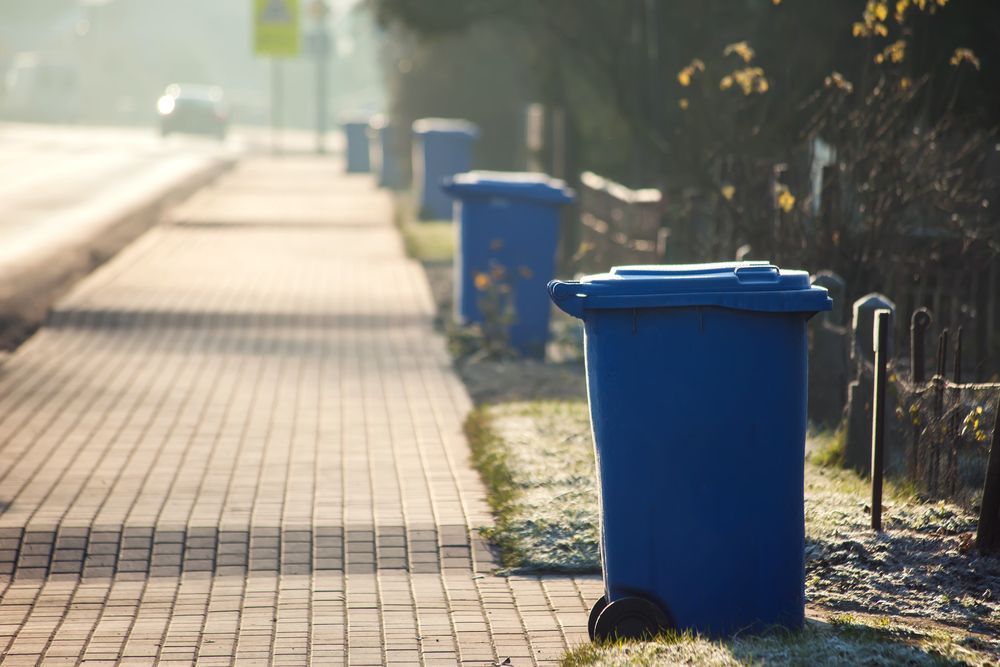 A row of blue trash cans are lined up on a sidewalk.