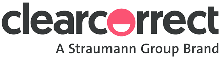 ClearCorrect logo with a pink circle, white semi-circle and text