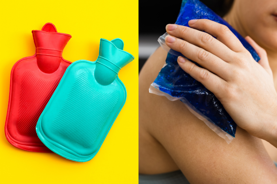 a woman is holding an ice pack on her shoulder next to a hot water bottle .