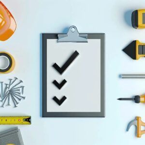 A central clipboard with three checkmarks, surrounded by construction tools like a helmet, tape measure, and screws.