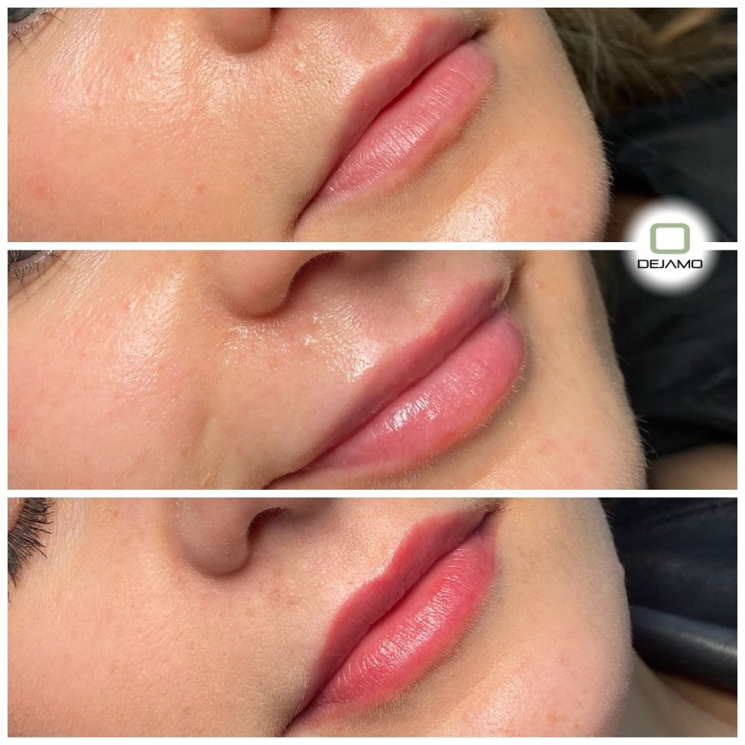 A close up of a woman 's lips before and after a lip tattoo