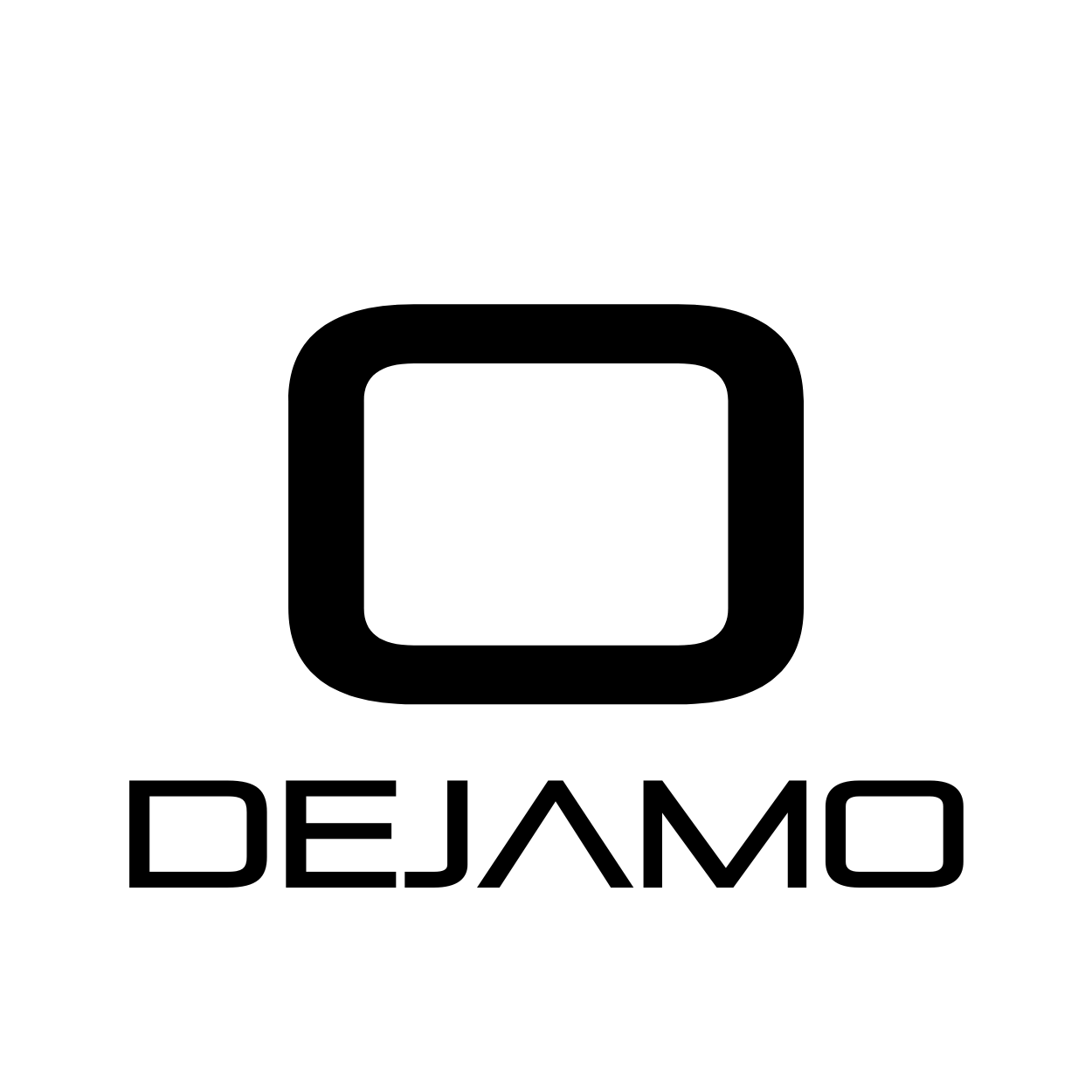 A black and white logo for dejamo with a square in the middle.