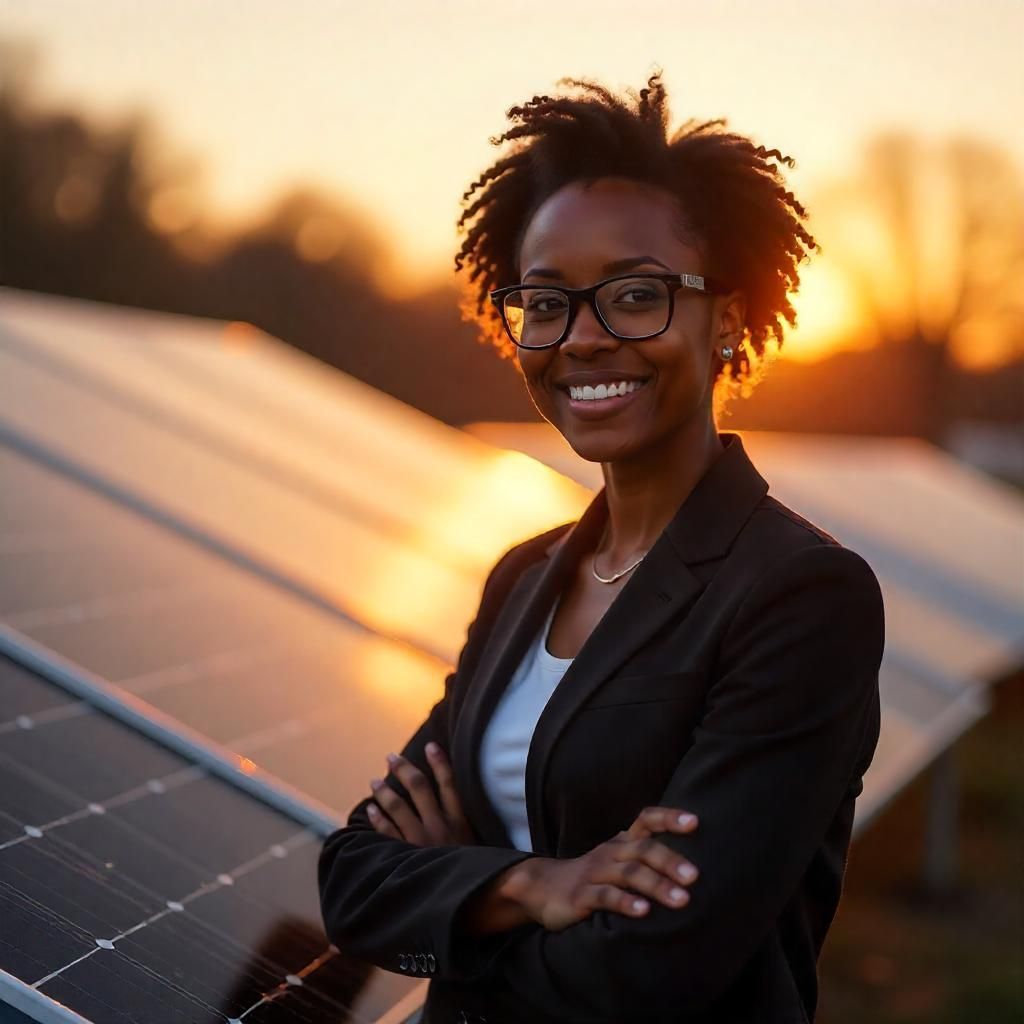 Une femme en costume et lunettes se tient devant des panneaux solaires.