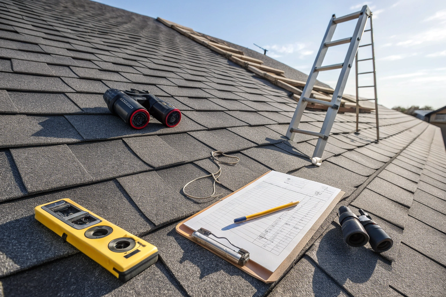 A clipboard with a pencil, a yellow level, and binoculars sit on a shingled residential roof next to a metal ladder.