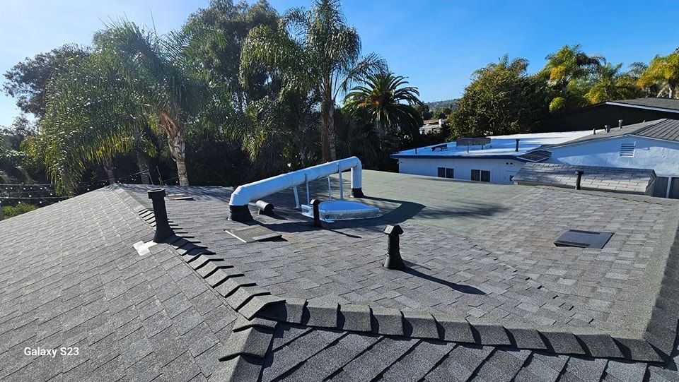 A rooftop with a skylight and chimneys, surrounded by trees under a bright blue sky.