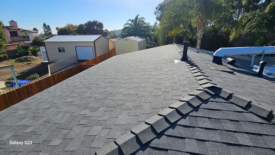 Gray shingle roof, view from above, blue sky background, shed and trees visible.