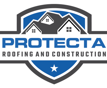 Logo for Protecta Roofing and Construction, featuring a shield with houses, text in blue and grey.