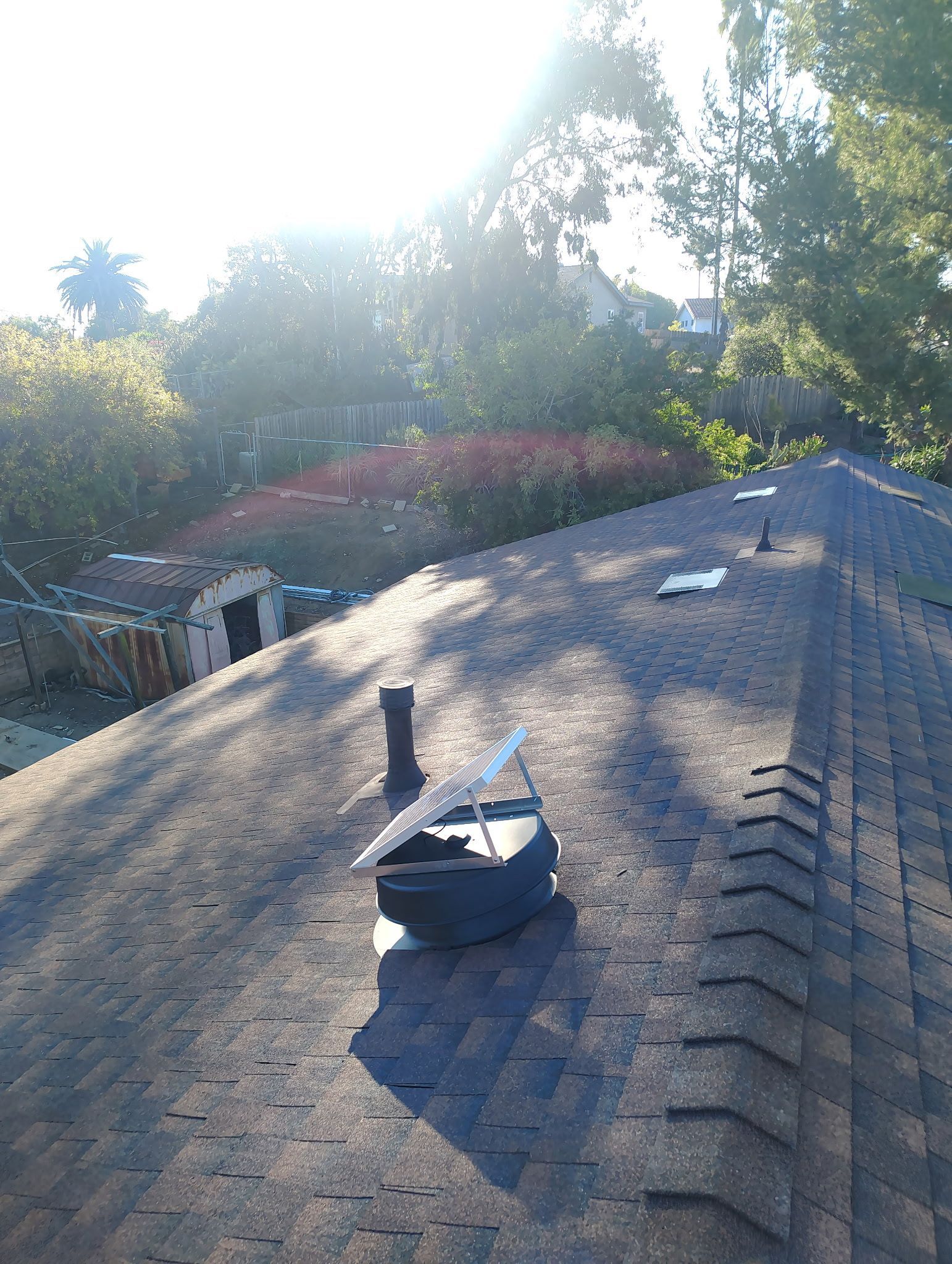 A shingled roof with a vent and sunlight, overlooking trees and houses.