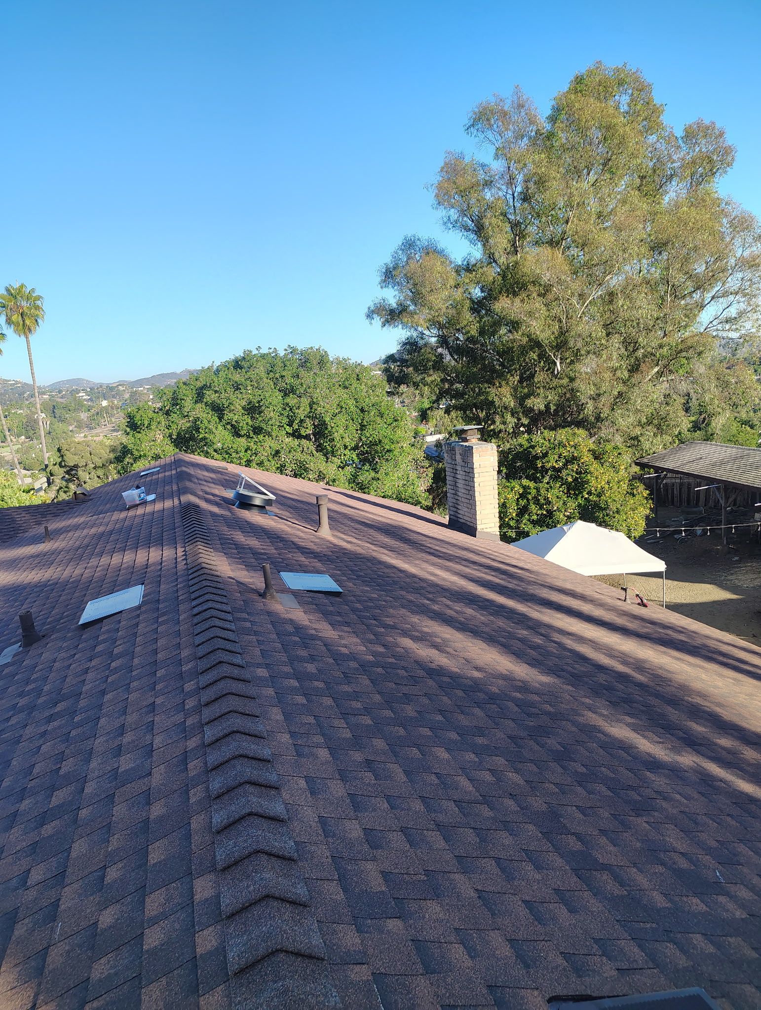 View of a brown shingle roof, chimney, and trees against a bright blue sky.