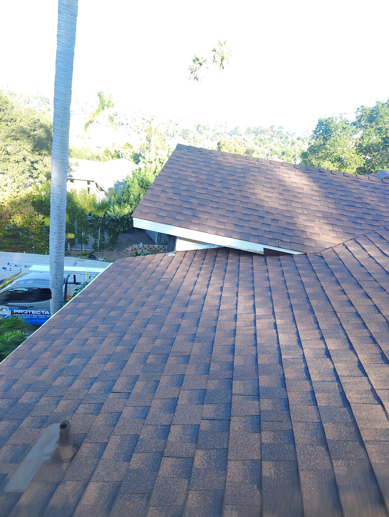 Brown shingled roofs with a separated section. A white edge is visible. Trees and a pole in the background.