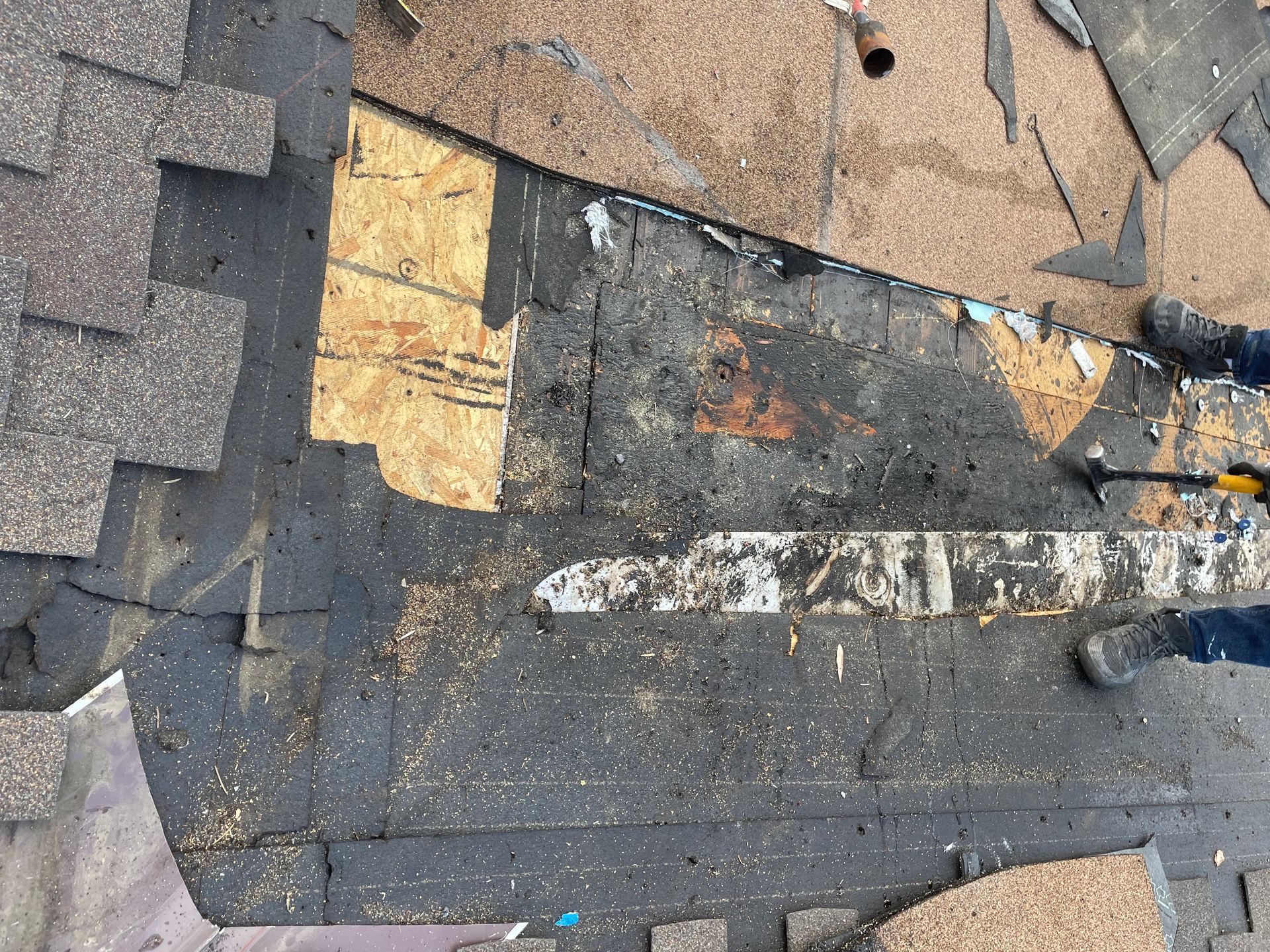 Overhead view of roof with missing shingles, exposed plywood, and black sealant.