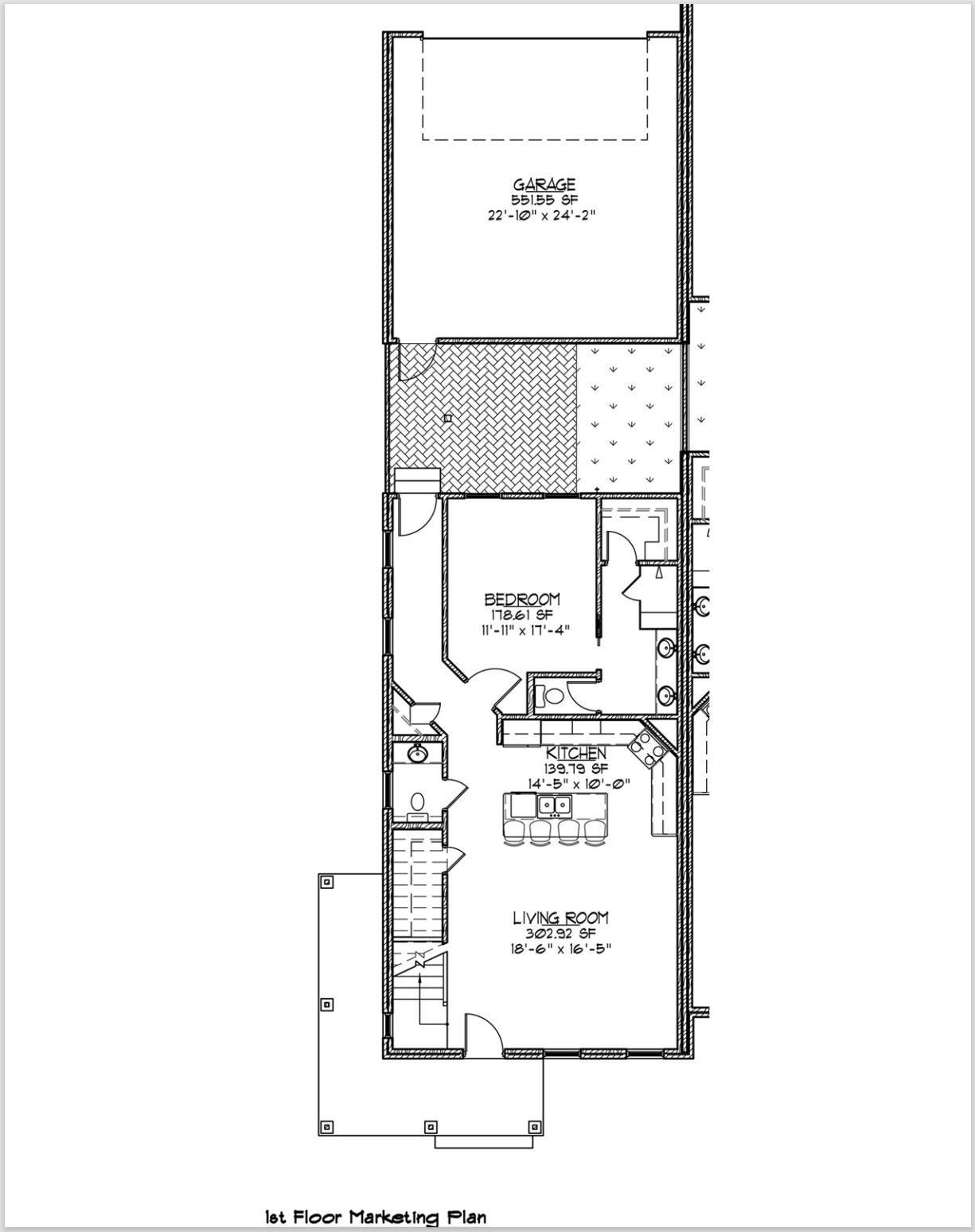 First floor housing plan, long and narrow. Includes a garage, patio, bedroom, kitchen, and living area.