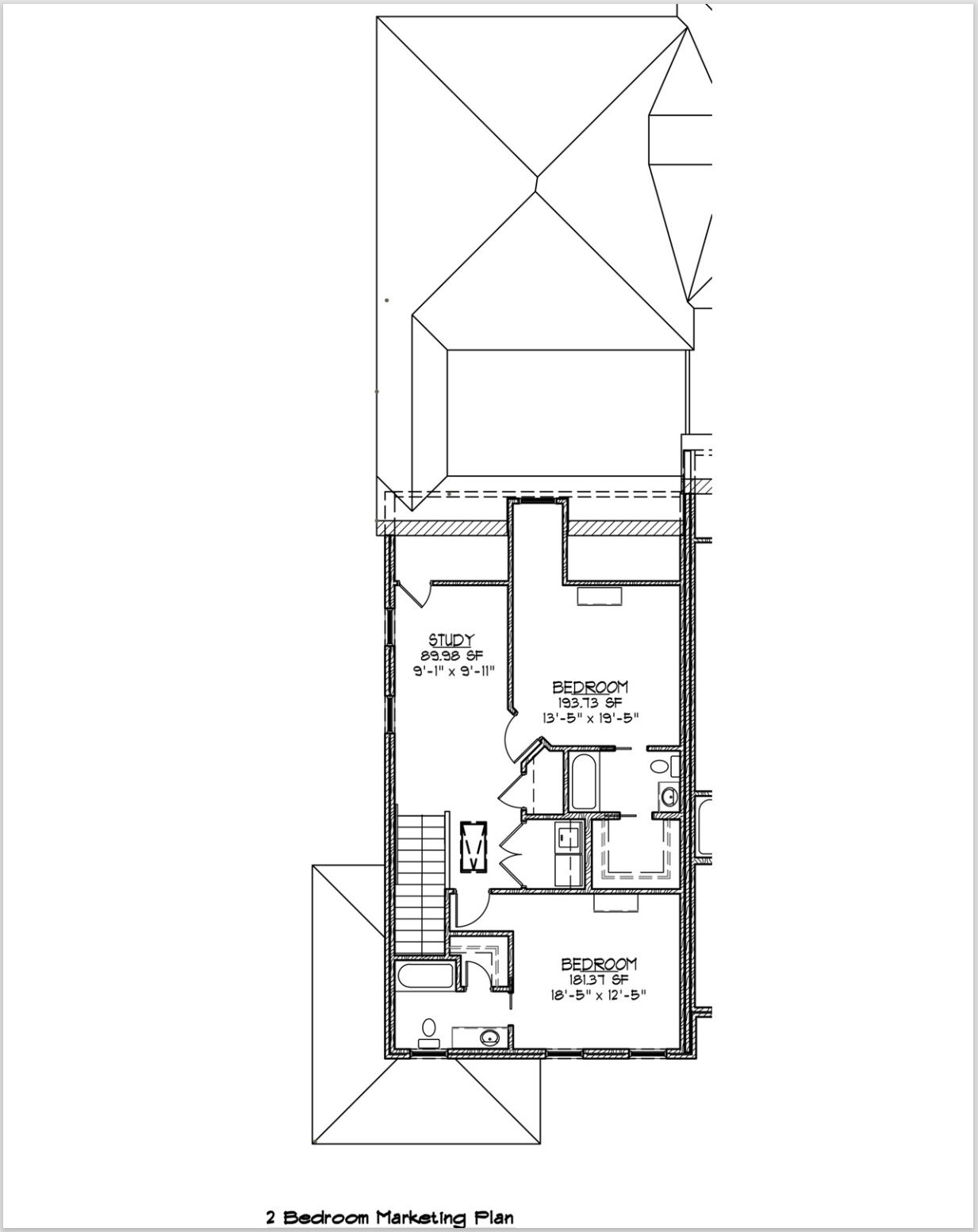 Floor plan of a two-story home, showing bedrooms, bathrooms, and a staircase.