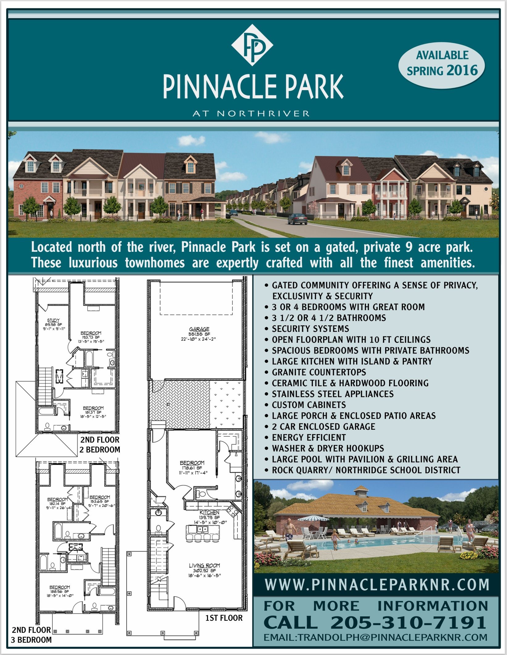 Brochure for Pinnacle Park, new homes. Features photos, floor plans, and amenities list.
