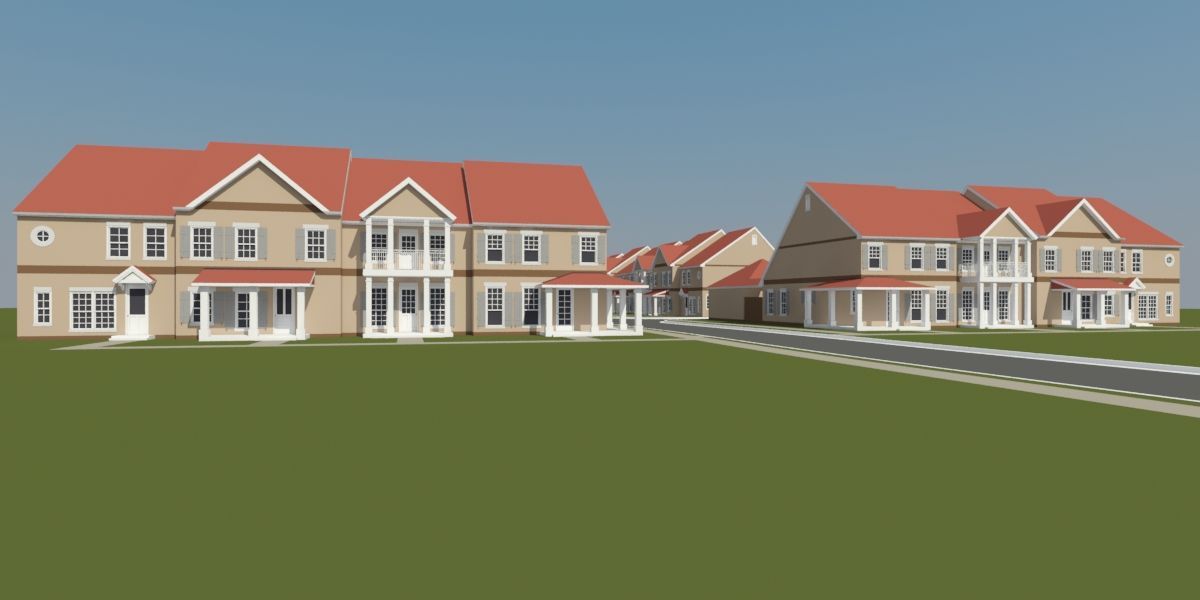 Buildings with red tile roofs and tan siding on green grass.