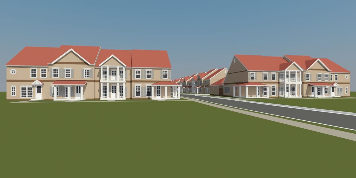 Row of beige houses with red tile roofs and a road against a blue sky.
