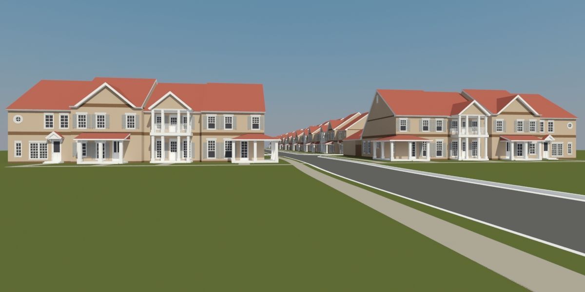 Row of beige houses with red roofs along a gray road, set on green grass under a blue sky.