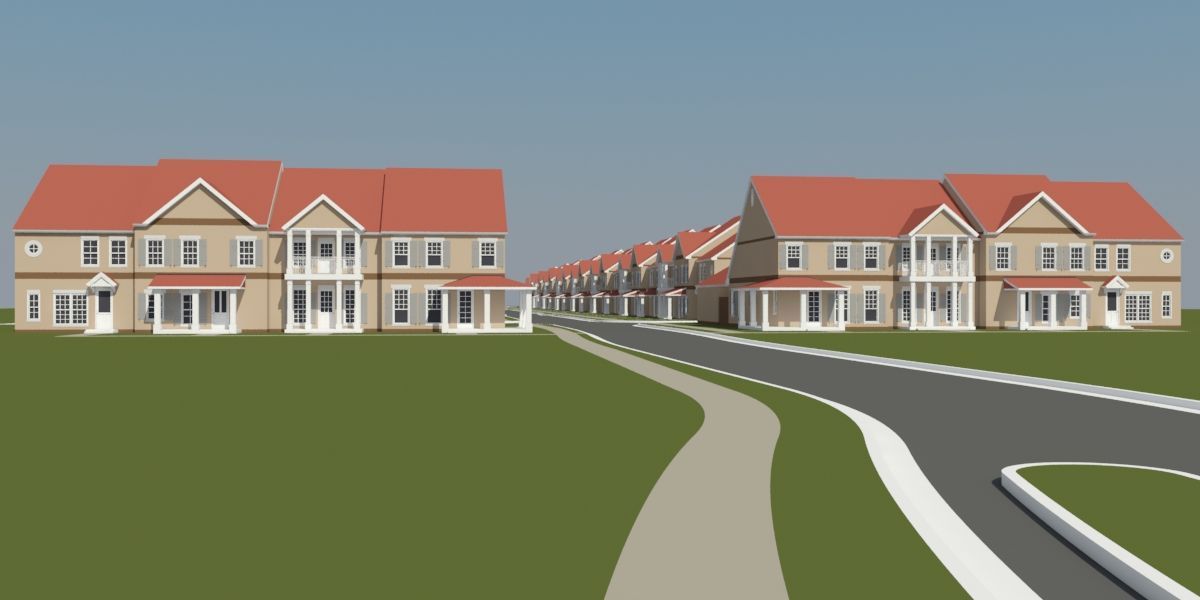 Row of townhouses with red roofs and beige siding on a green lawn, curved road in front.