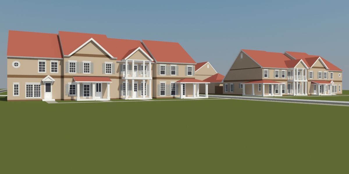 Three-story beige houses with red roofs and white trim, set on a green lawn against a blue sky.