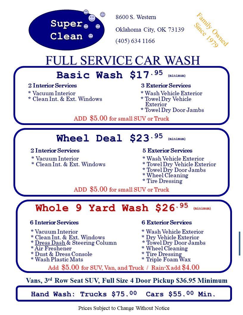 Car Wash Menu — Oklahoma City, OK — Super Clean Full Service Car Wash And Detail Shop