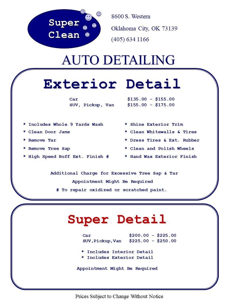 Exterior And Super Detail Menu — Oklahoma City, OK — Super Clean Full Service Car Wash And Detail Shop