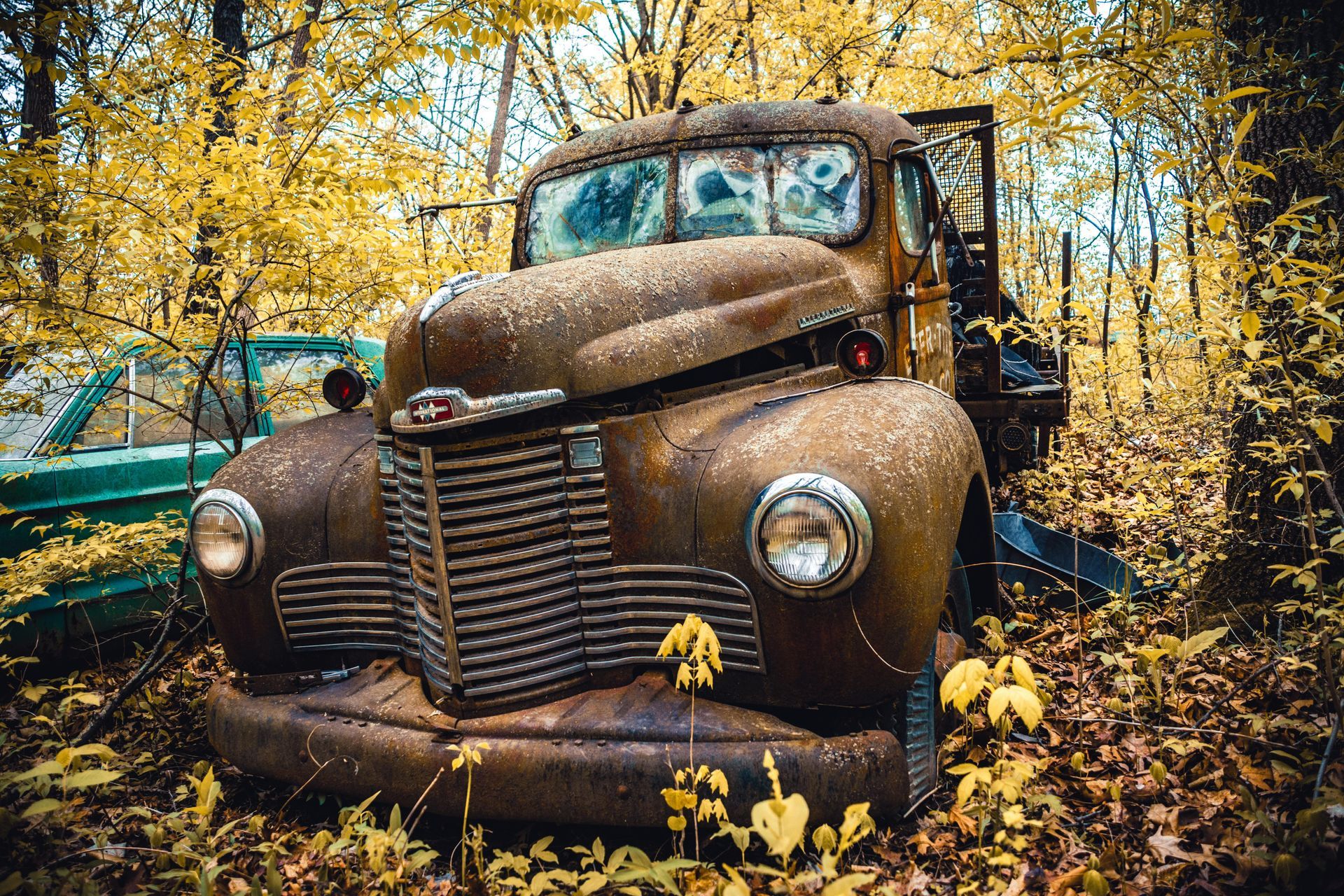 An old rusty truck is parked in the middle of a forest.
