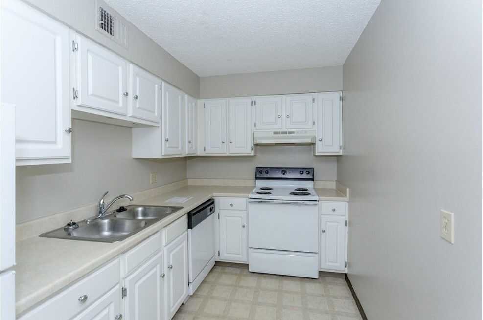 White kitchen with cabinets, stove, sink, and dishwasher on neutral walls and floor.