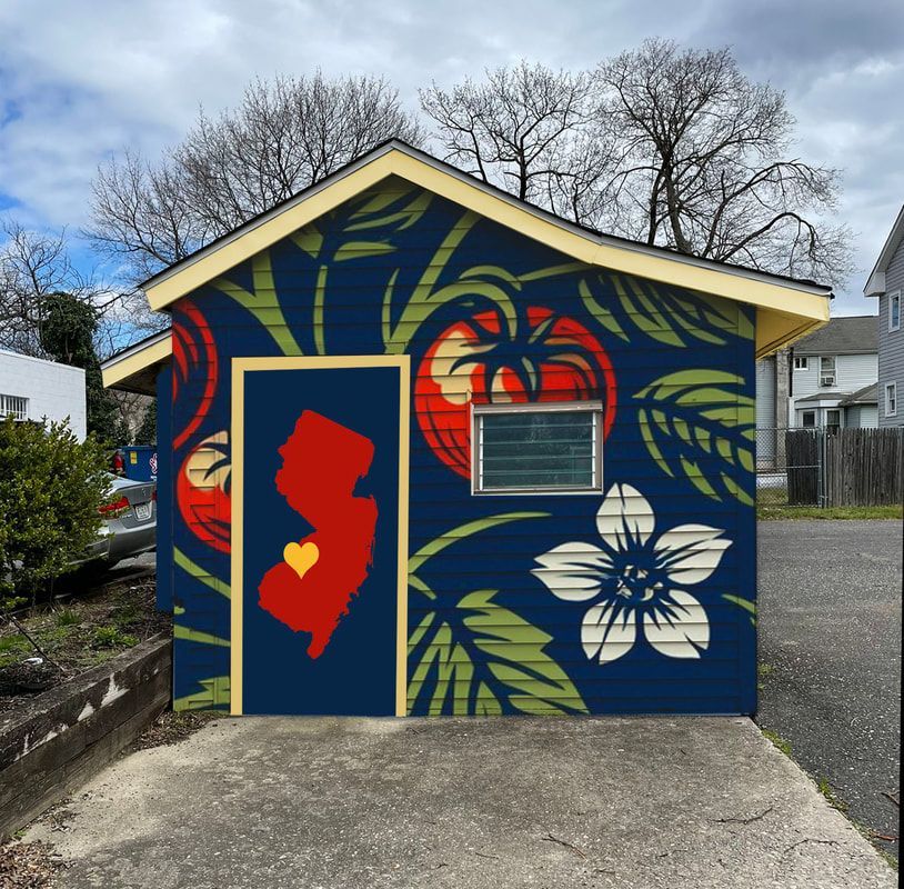 Small blue house with colorful mural of flowers and red map on the front wall.