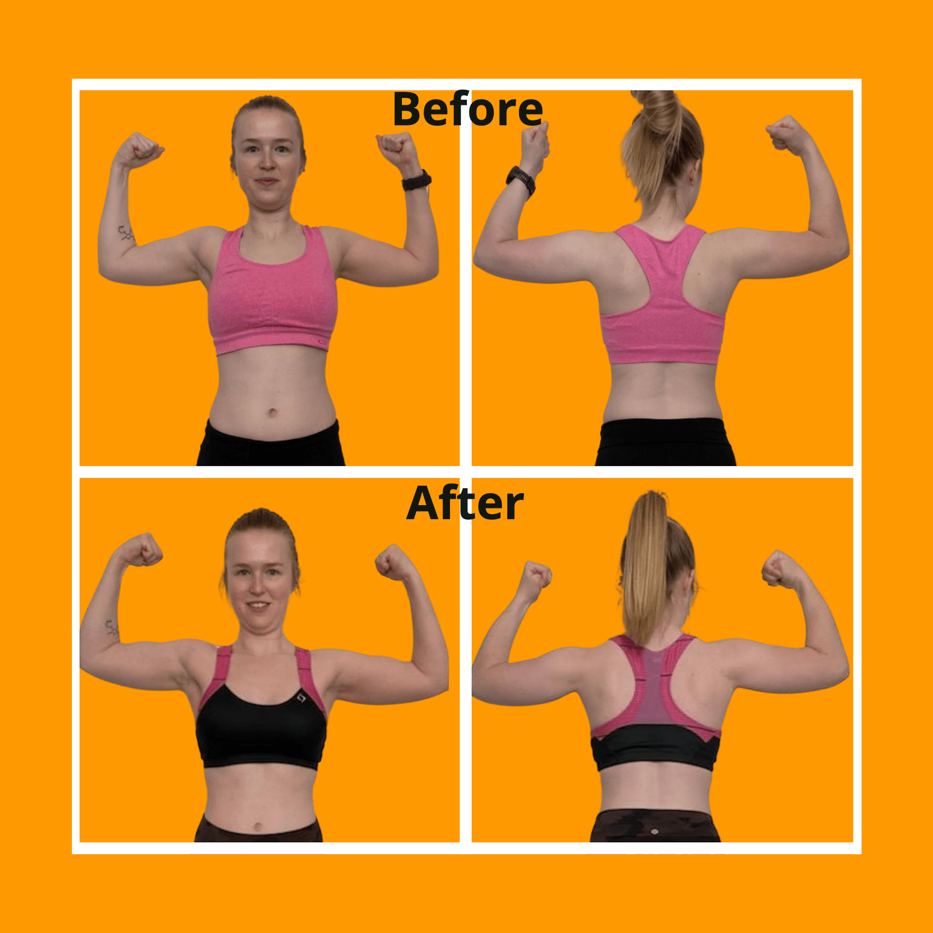 Transformation showing a woman flexing her arms. 