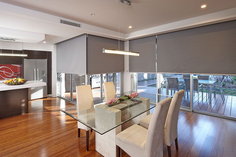 Dark Grey Roller Blinds Dining & Kitchen — Blinds in Bogangar, NSW