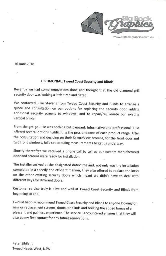 Testimonials for Tweed Coast Security and Blinds — Blinds in Bogangar, NSW