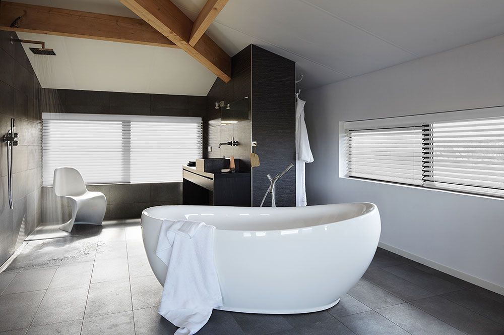 White Aluminum Venetian Blinds Bathroom — Blinds in Bogangar, NSW