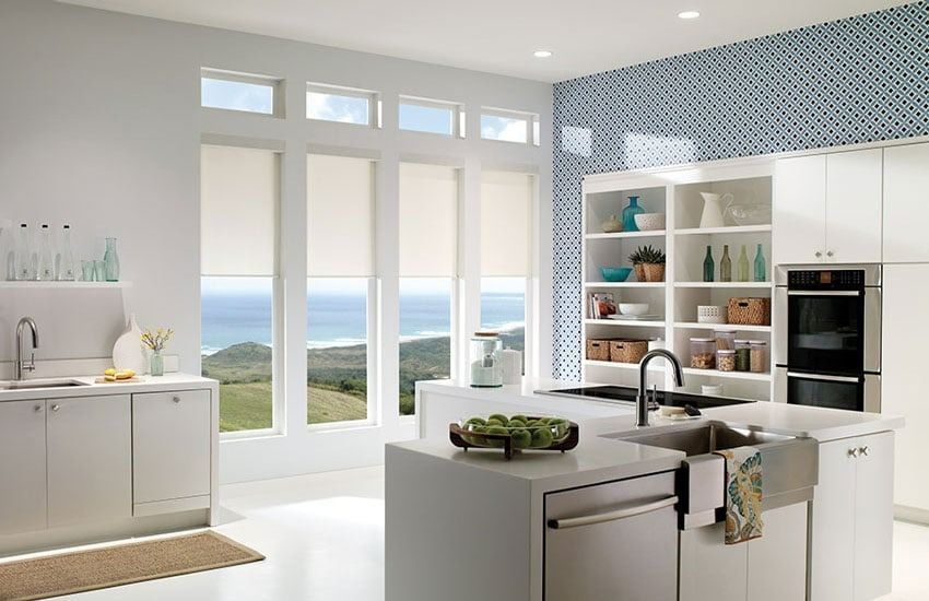 Kitchen with white blinds — Blinds in Bogangar, NSW