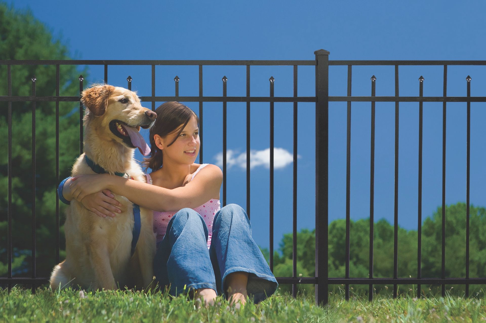Woman and dog sitting in grass, near black fence, sunny day.
