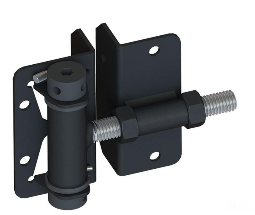 Black metal gate hinge with adjustable threaded rod.