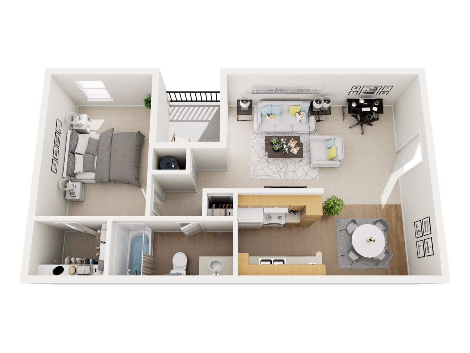 Floor plan of a one-bedroom apartment with a bedroom, bathroom, kitchen, dining area, and living room.