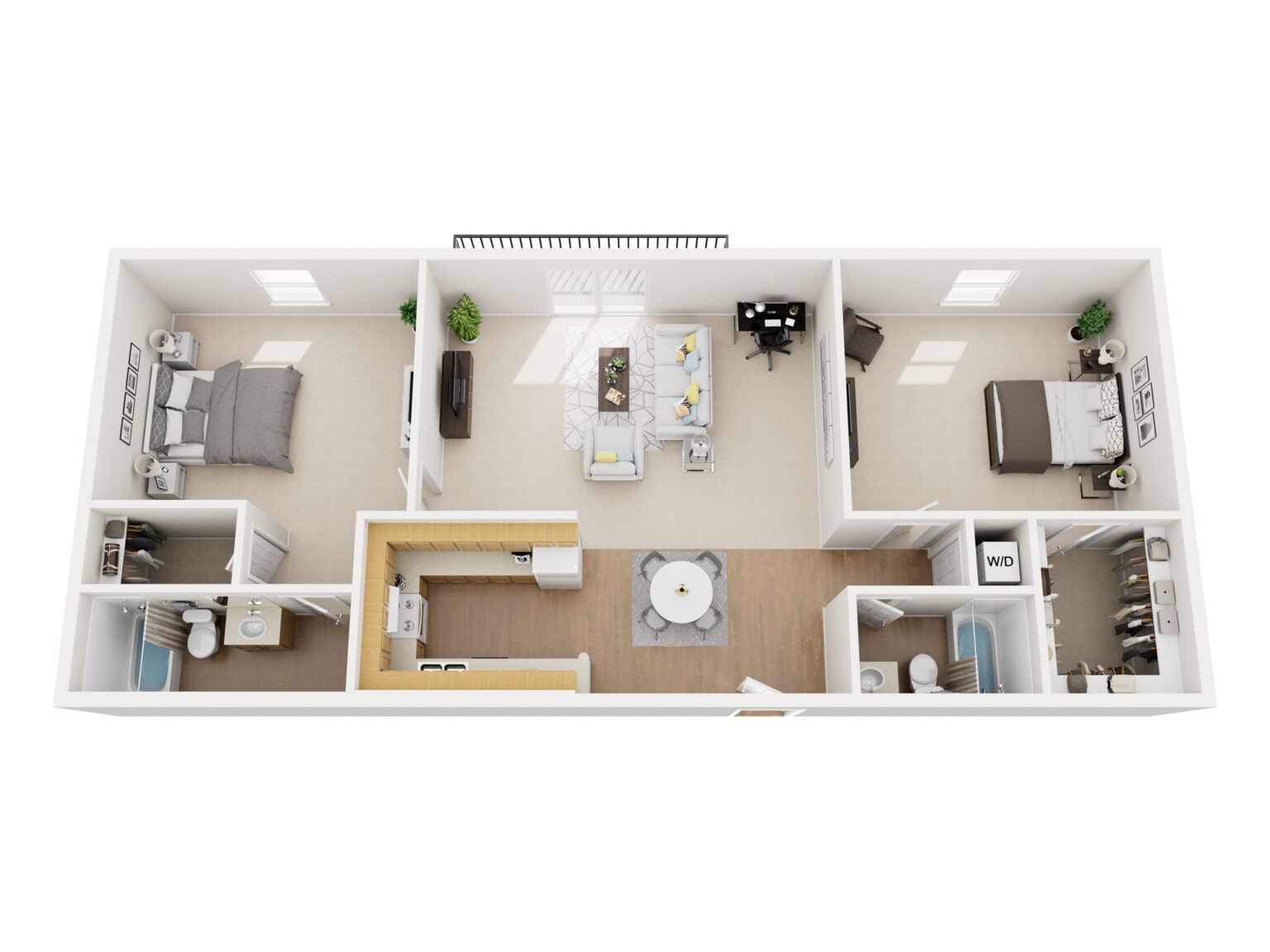Floor plan of a two-bedroom apartment, with furniture placement and layout shown.