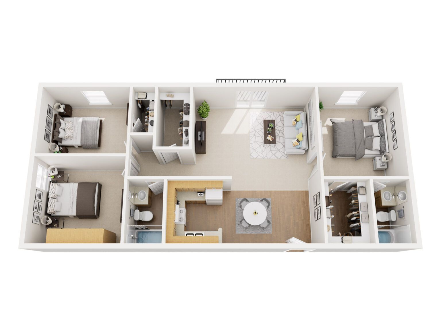 Floor plan of a three-bedroom apartment, showing rooms and furniture layout.