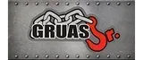 Logotipo de "Gruas Jr." con una cadena, un gancho y la palabra "GRUAS" sobre un fondo de metal.