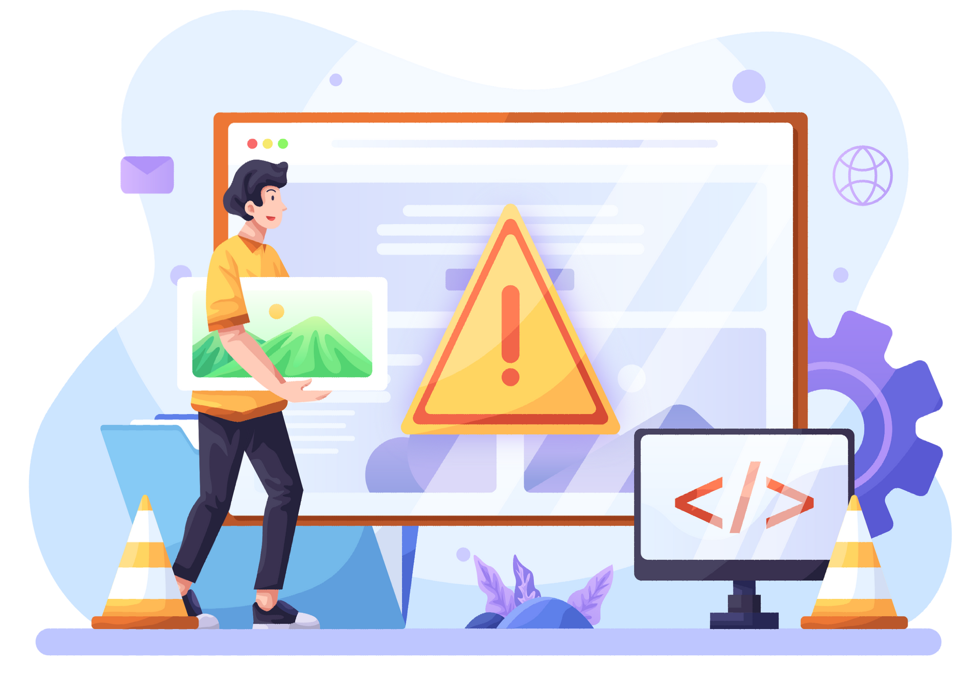 A man is standing in front of a computer screen with a warning sign on it.