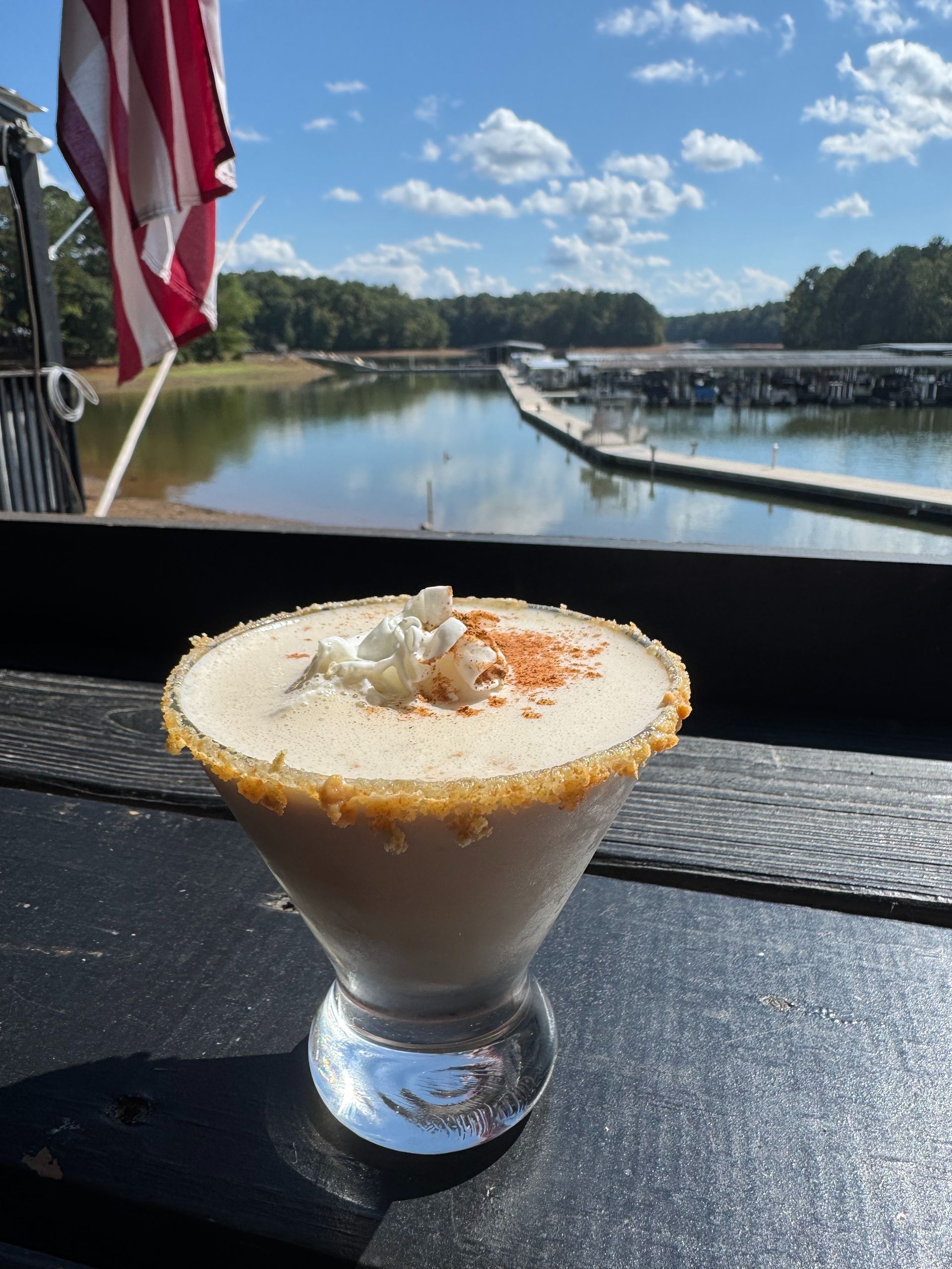 Cocktail in a glass with a sugared rim, waterfront view with docks and trees.