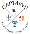 Captain's restaurant logo with crossed utensils, Georgia flag, drinks, anchor, and coordinates.