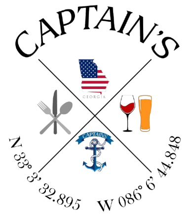 Captain's restaurant logo with crossed utensils, Georgia flag, drinks, anchor, and coordinates.