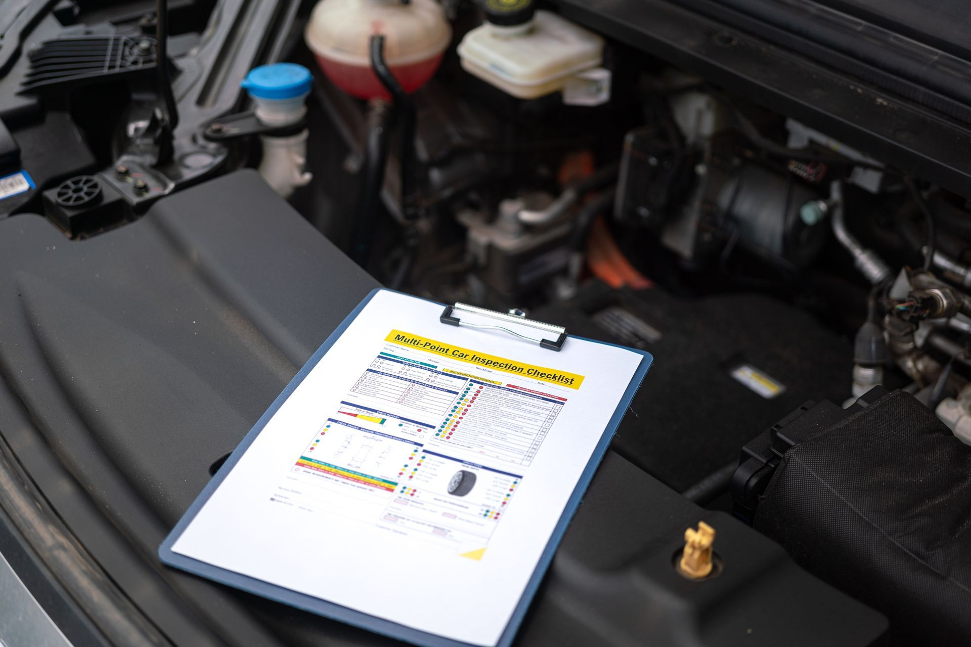A Clipboard is Sitting Under the Hood of a Car