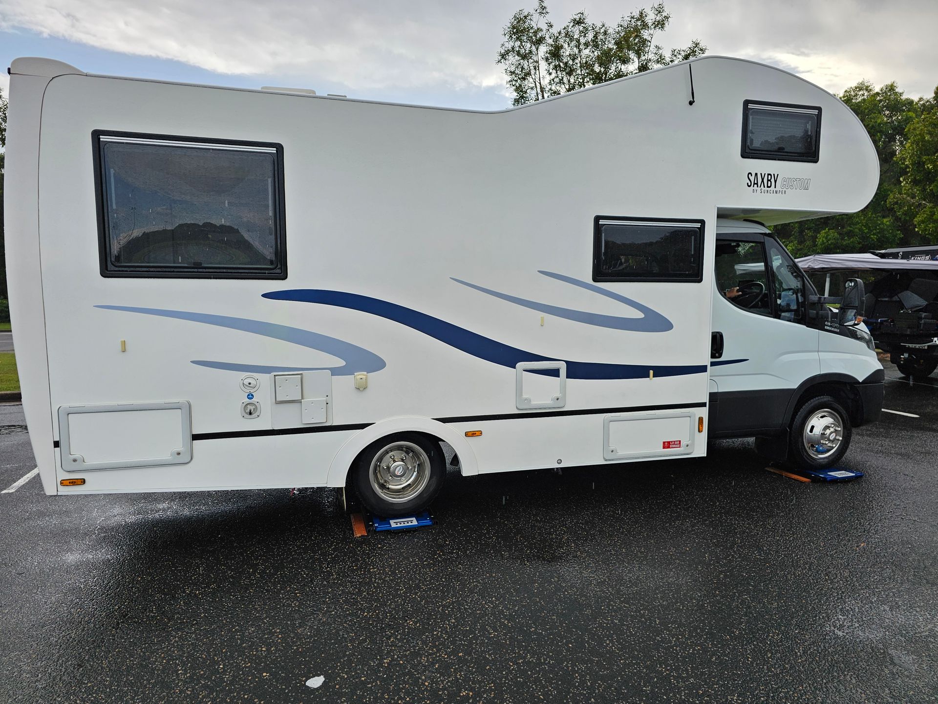 A White RV Is Parked in A Field Next to A Lake — A Weigh In - Mobile Weighing Solutions in Noraville, NSW