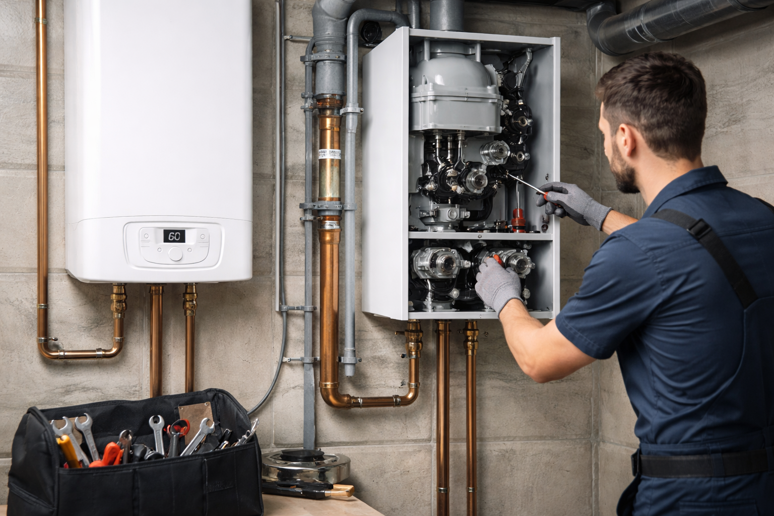 Professional boiler technician installing a new residential boiler in Leominster MA