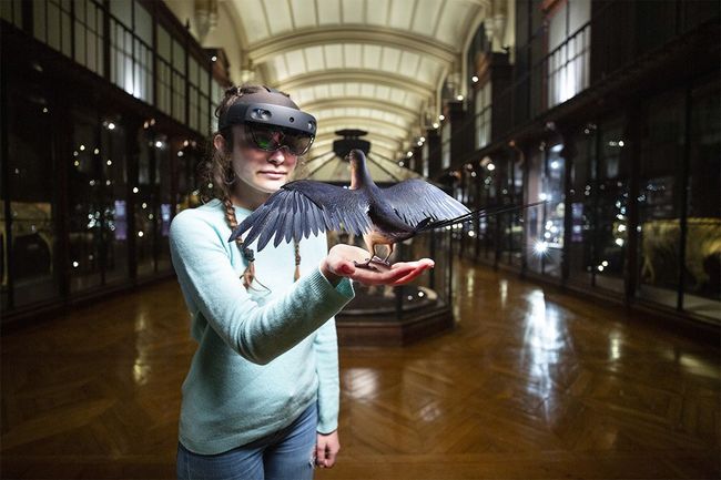 Une femme portant un casque de réalité virtuelle tient un oiseau dans ses mains.