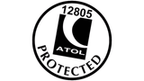 ATOL Protected logo: Black and white circular logo with