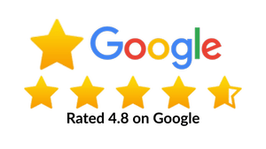 Google rating: 4.8 stars. Google logo with five gold stars, four fully filled, one partially filled.